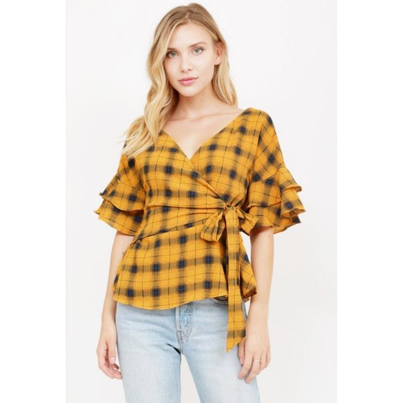 Mustard Plaid Check Ruffle Sleeves Wrap Tie Blouse - Picture 8 of 10